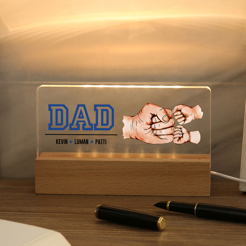 3 Names - Personalised Fist Bump Table Lamp - Dad's Dream Team - Father's Day Gift for Dad