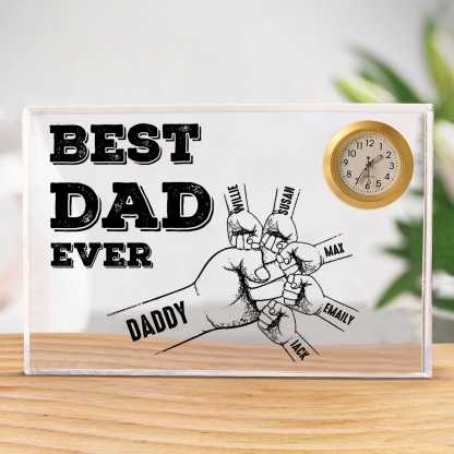 6 Names - Personalised Fist Bump Pattern Custom Name Acrylic Rectangular Clock Ornament Father's Day Gift