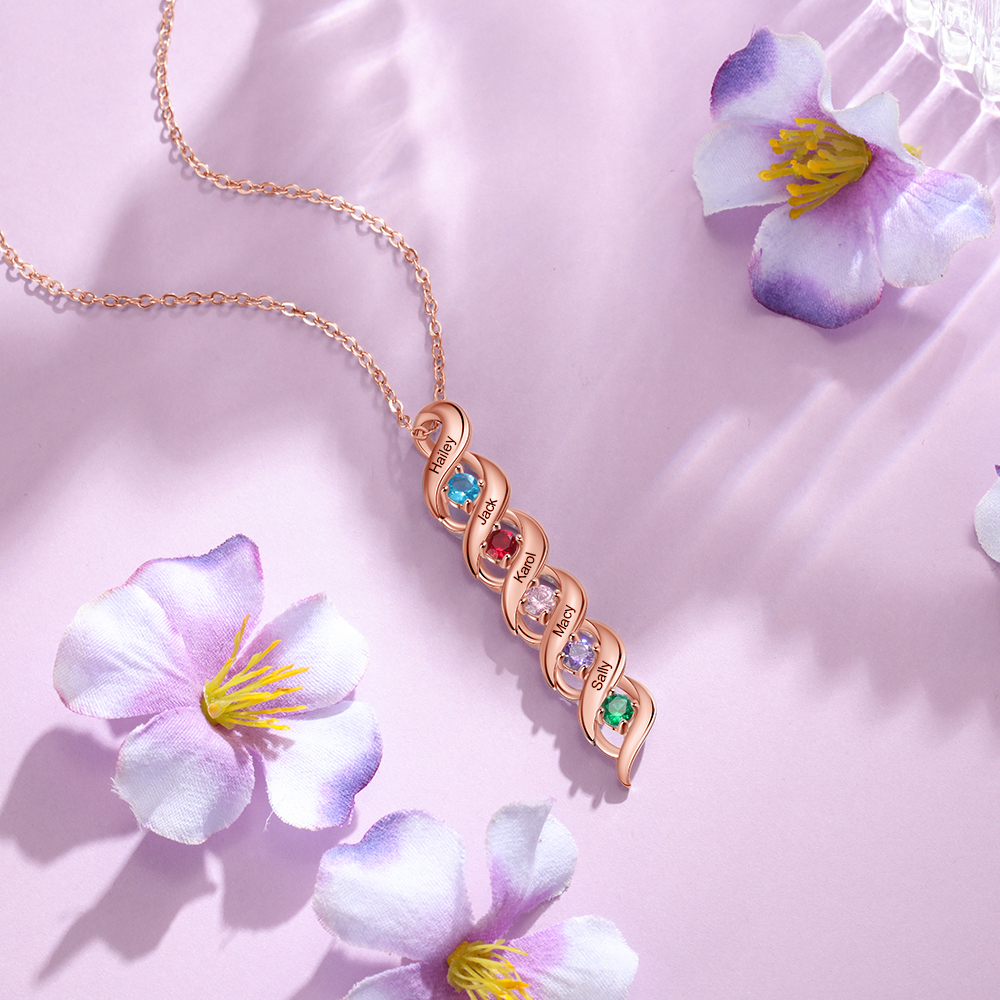 5 Names-Personalised Necklace Cascading Pendant with 5 Birthstones Engraving 5 Names Gifts for Her