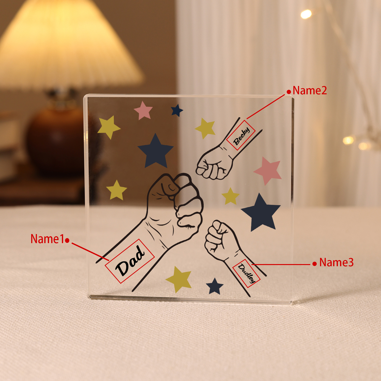 3 Names - Personalised Fist Bump Family Acrylic Keepsake Customized Name Acrylic Home Decor Gift for Dad