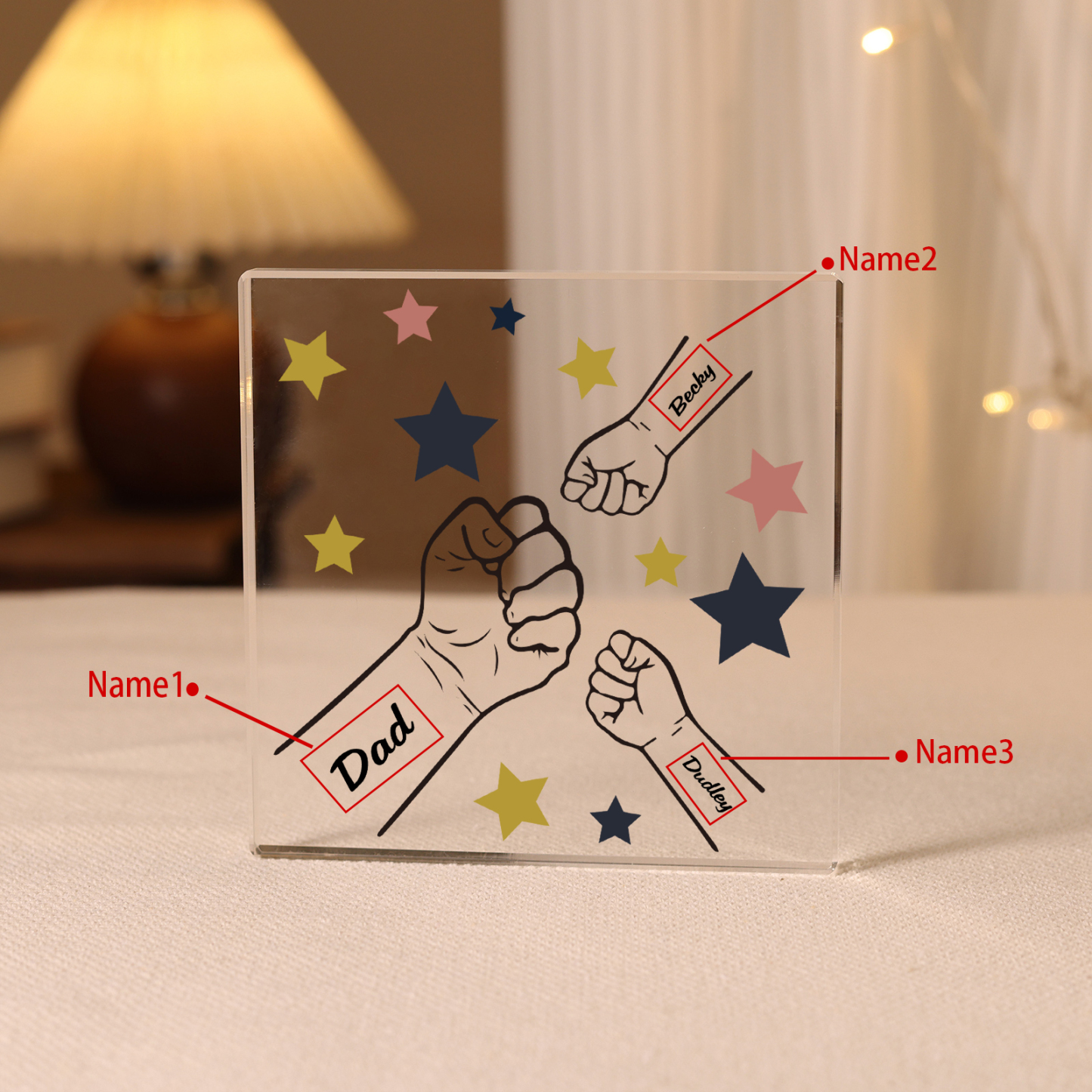 3 Names - Personalised Fist Bump Family Acrylic Keepsake Customized Name Acrylic Home Decor Gift for Dad