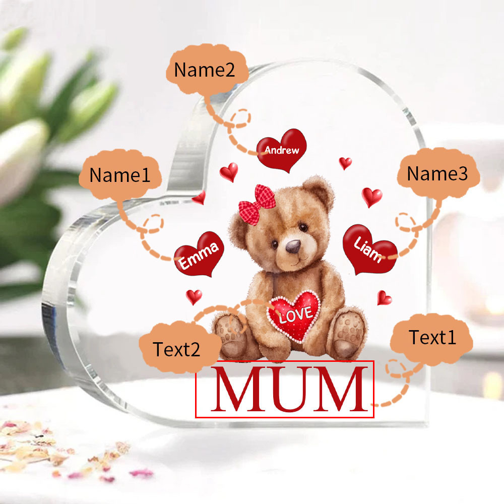 3 Names-Personalised Mum Acrylic Heart Keepsake Custom Text Love Teddy Bear Ornaments Gifts Set With Gift Box for Grandma/Mother