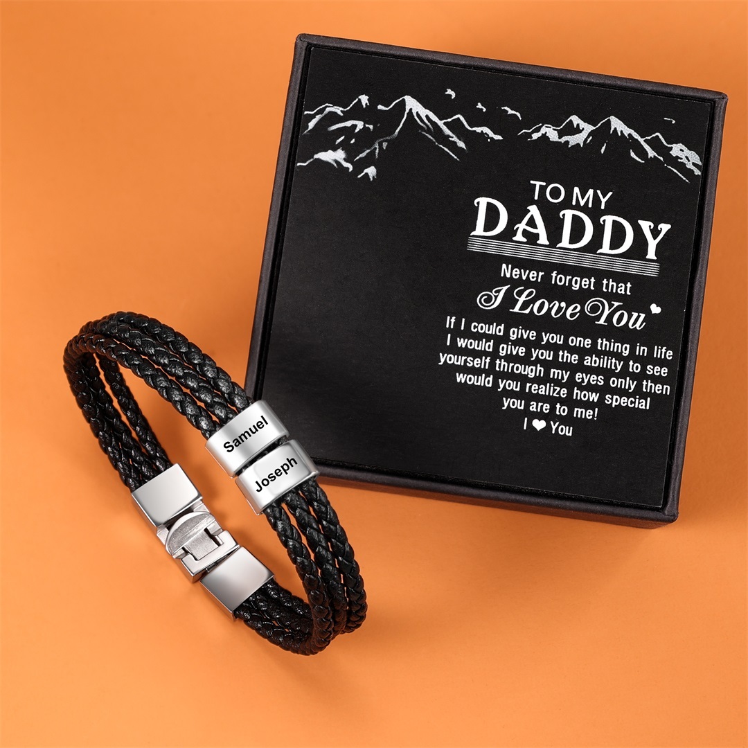 Personalised Braided Leather Bracelet Engraved 2 Names Men's Bracelet Gifts For Him