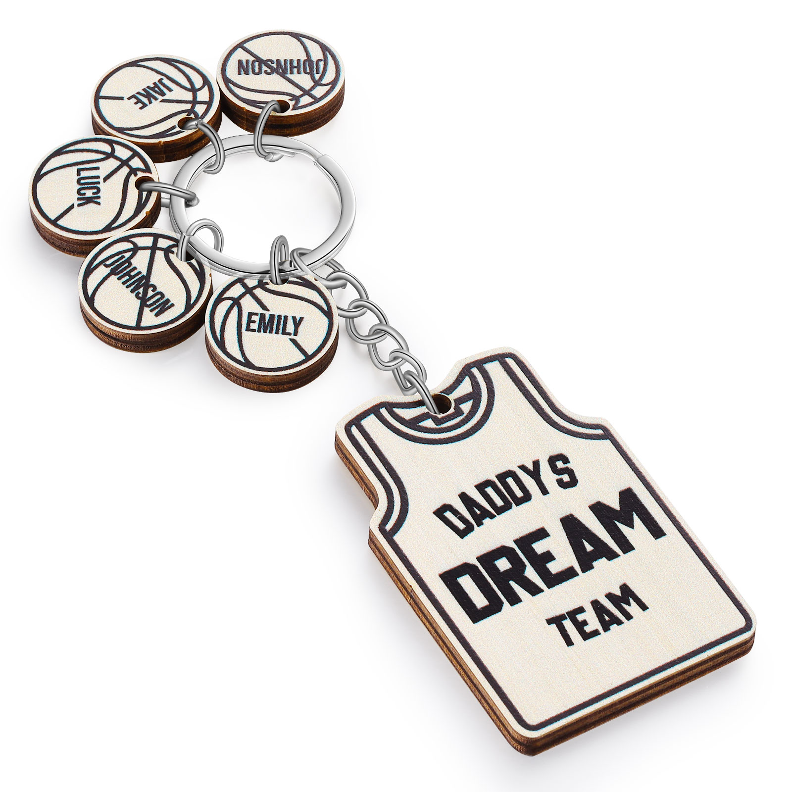 Personalised Text and 5 Names Wooden Basketball Keyring For Dad