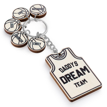 Personalised Text and 5 Names Wooden Basketball Keyring For Dad