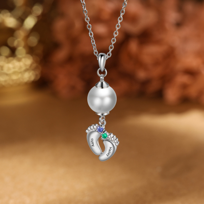 Personalised Baby Feet Pearl Necklace Custom 2 Names & Birthstones Mother Necklace
