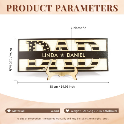 2 Names - Personalised Wood Ornament Engraved with Dad Text Support Customized Name Ornament Father's Day Gift for Dad