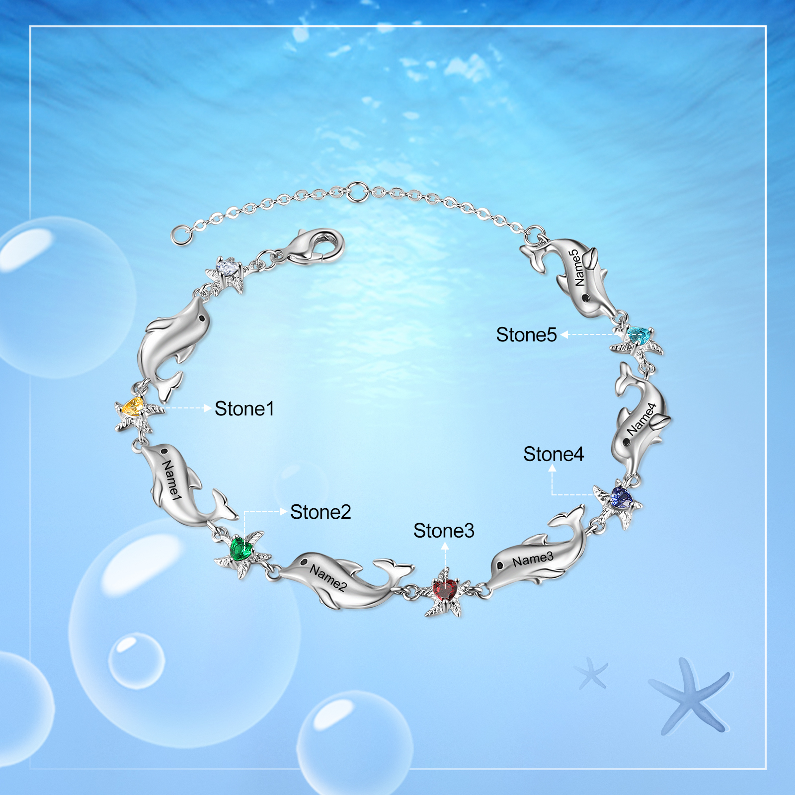 Animal Bracelet Personalized Dolphin Bracelet With 5 Birthstones Engraved Names Starfish Charm Gifts For Her