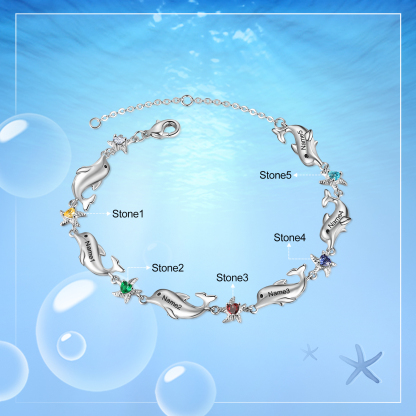 Animal Bracelet Personalized Dolphin Bracelet With 5 Birthstones Engraved Names Starfish Charm Gifts For Her