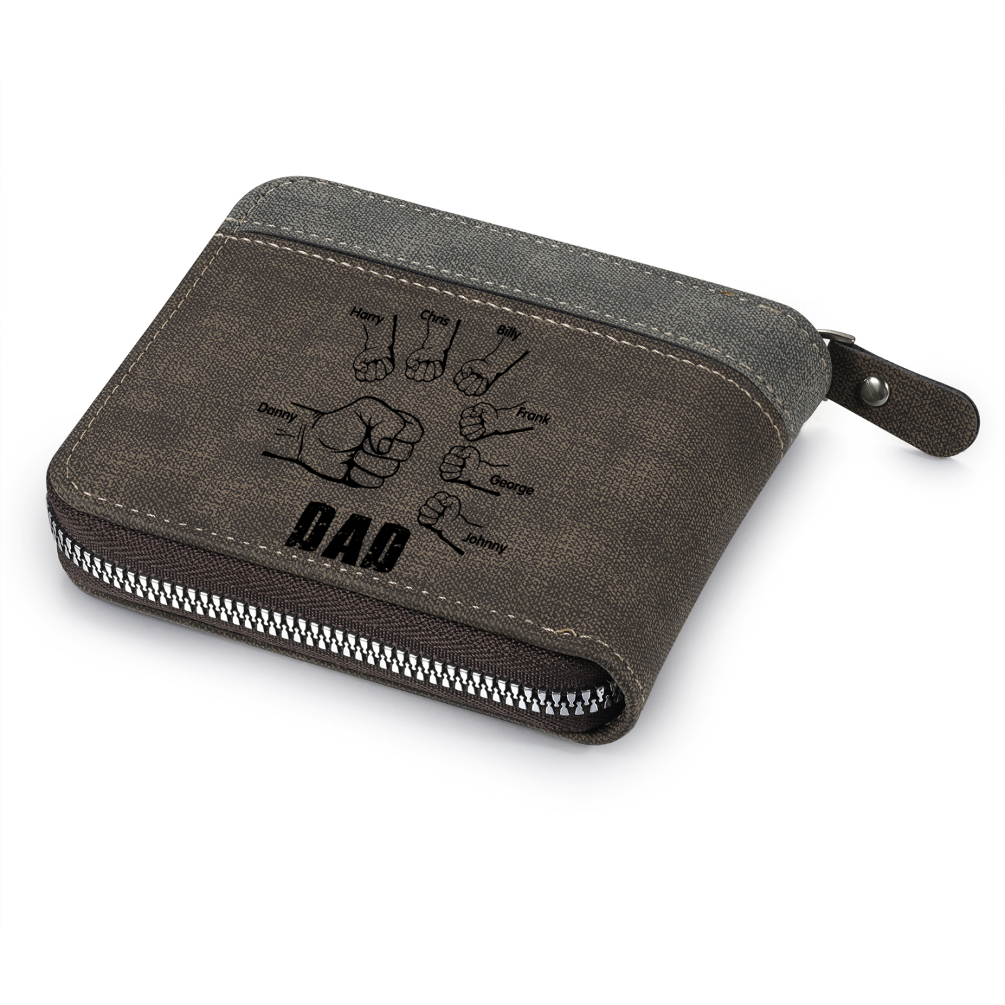 7 Names - Personalised Fist Bump Photo Custom Leather Men's Zipper Wallet as a Father's Day Gift for Dad
