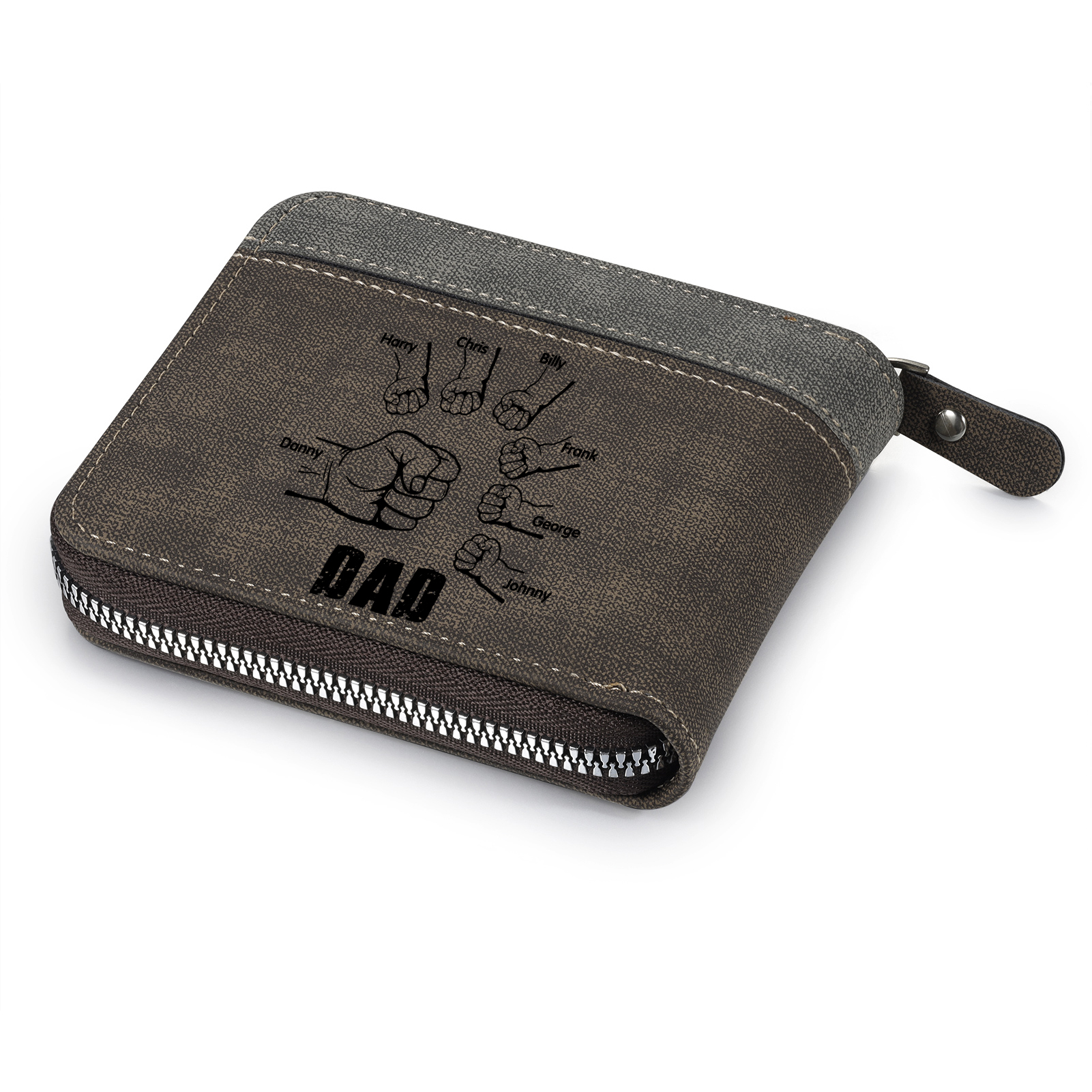 7 Names - Personalised Fist Bump Photo Custom Leather Men's Zipper Wallet as a Father's Day Gift for Dad