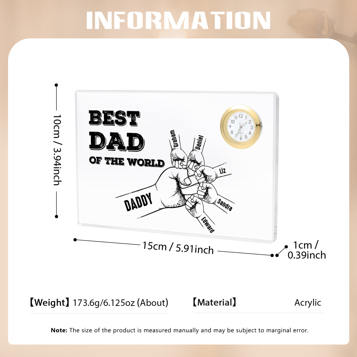 6 Names - Personalised Fist Bump Acrylic Rectangular Clock Ornament Father's Day Gift for Dad