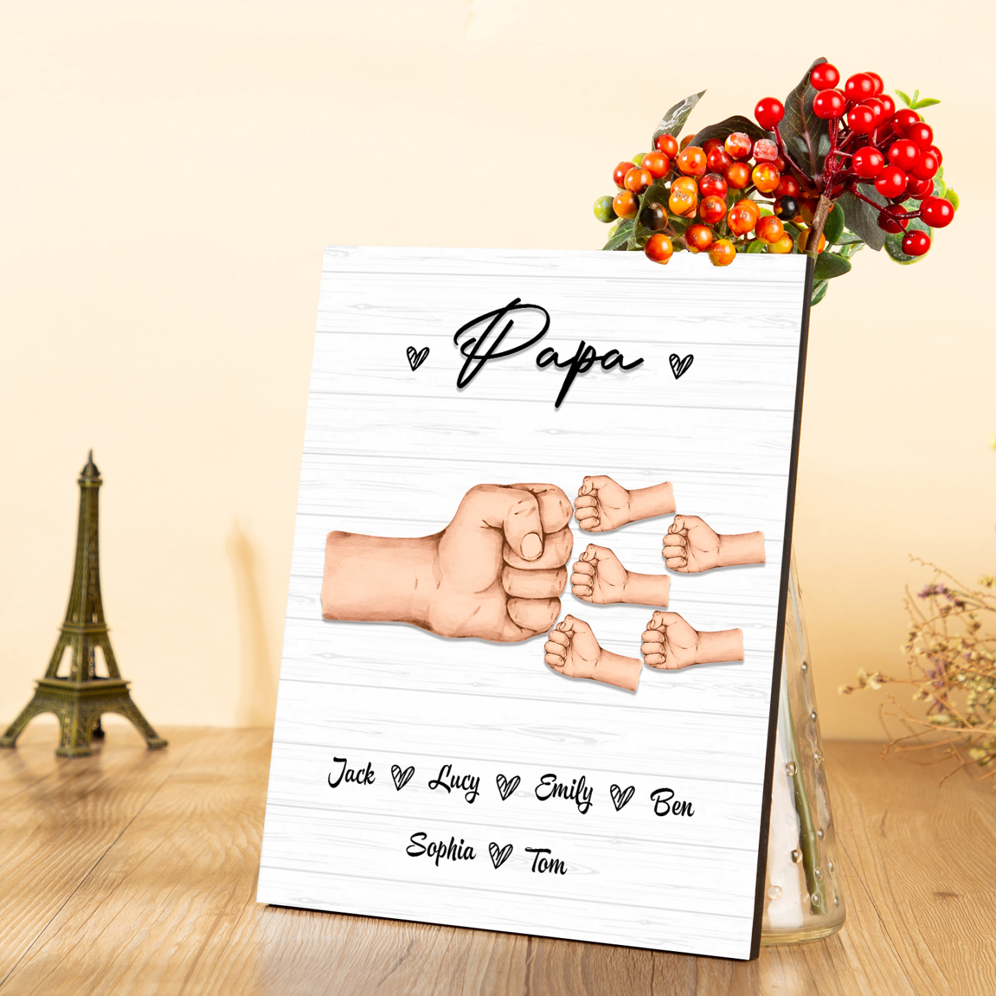6 Names - Personalised Wooden Ornament Fist Bump Style Engraved Name and Text Ornament for Dad