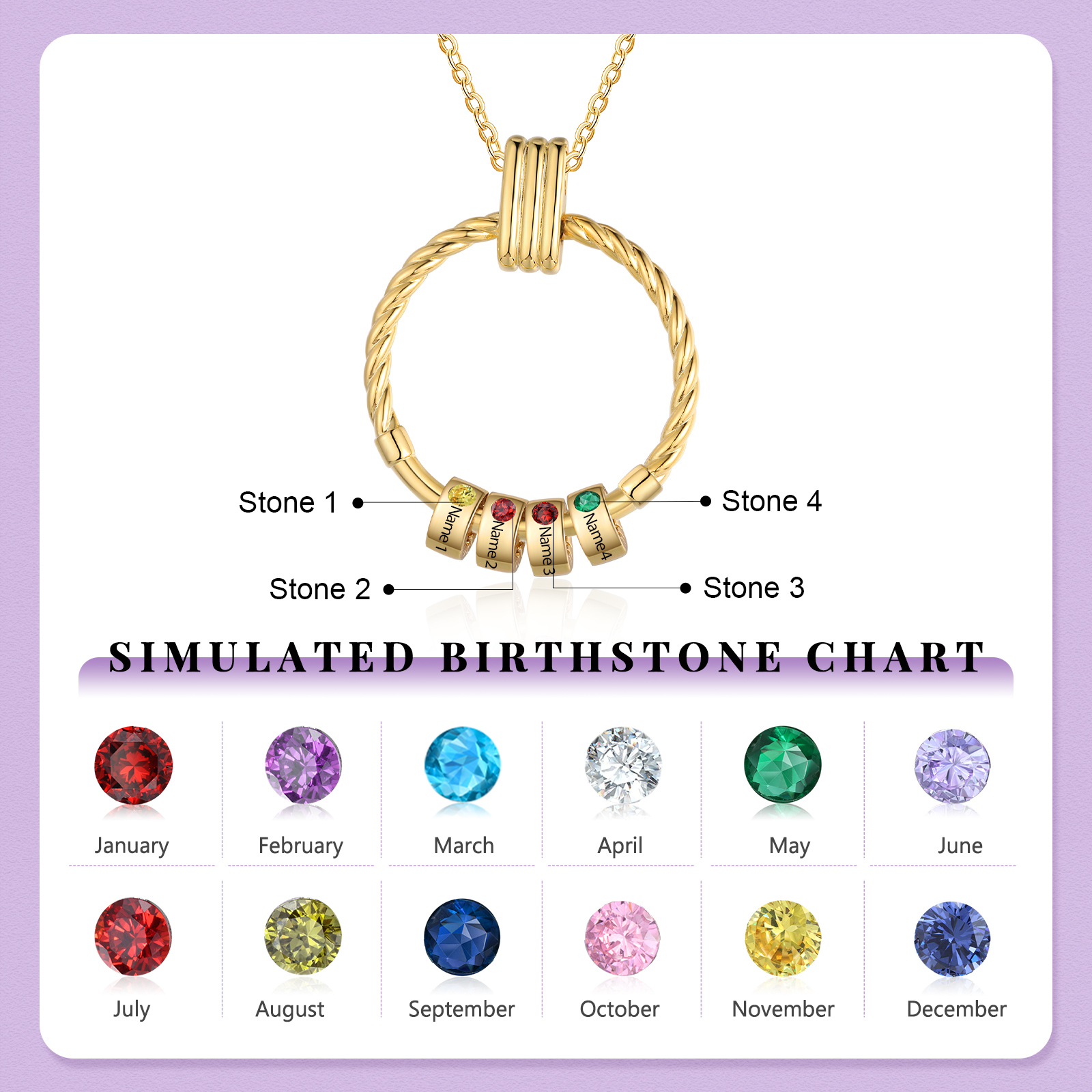 4 Names - Personalised Round Pendant Necklace Customized Name Gift for Her