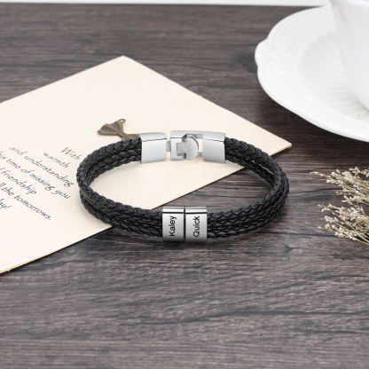 Personalised Braided Leather Bracelet Engraved 2 Names Men's Bracelet Gifts For Him