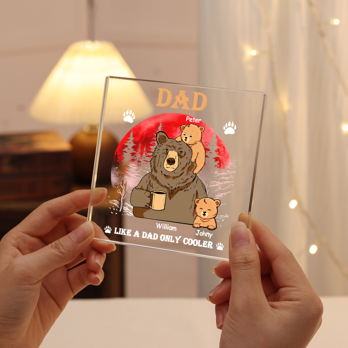 3 Names - Personalised Bear Family Pattern Custom Name Acrylic Square Ornament Father's Day Gift