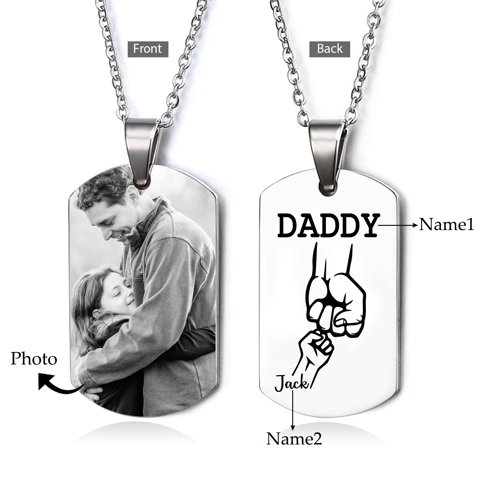 2 Names-Personalised Dad Photo Fist Stainless Steel Necklace-Custom Names and Photo Necklace for Father/Grandad
