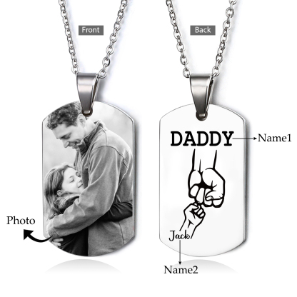 2 Names-Personalised Dad Photo Fist Stainless Steel Necklace-Custom Names and Photo Necklace for Father/Grandad