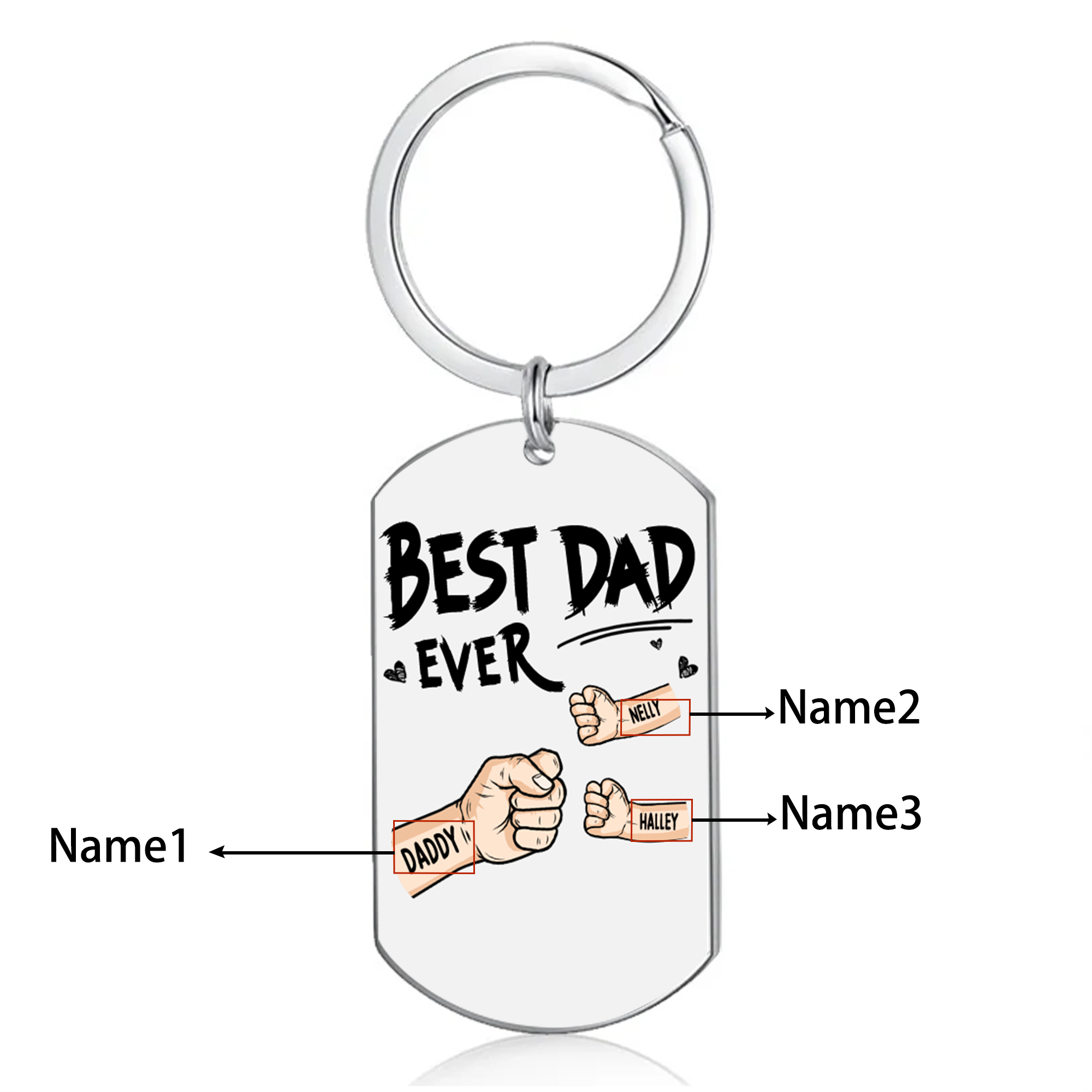 3 Names - Personalized Custom Fist Bump Keychain Gift "Best Dad Ever" Special Keychain Gift for Dad