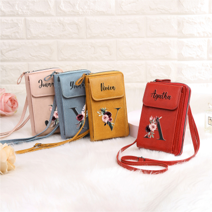 Custom Purse-Personalised Women's Leather Wallet Custom Letter & Name Mobile Phone Wallet Zipper Crossbody Bag