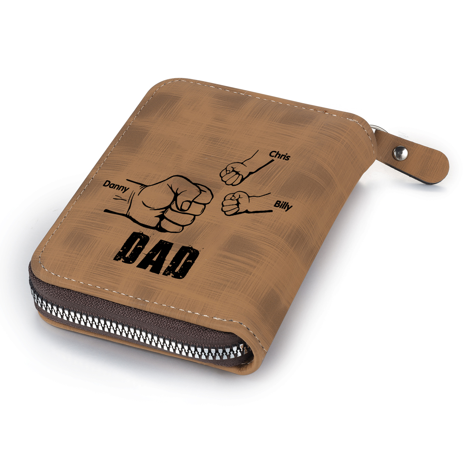 3 Names - Personalised Fist Bump Fist Bump Photo Custom Leather Men's Zipper Wallet as a Father's Day Gift for Dad