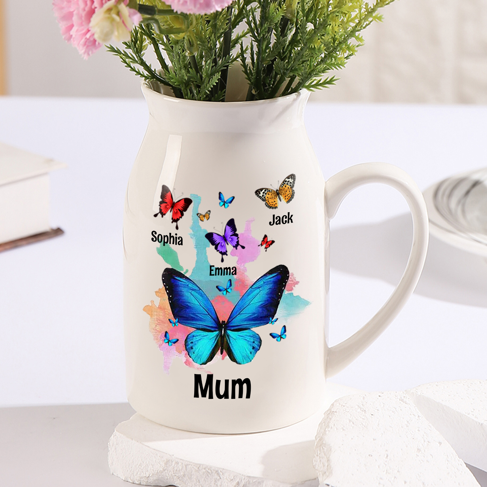Personalised 2-8 Names Beautiful Colorful Butterfly Style Ceramic Vase Gift For Mum