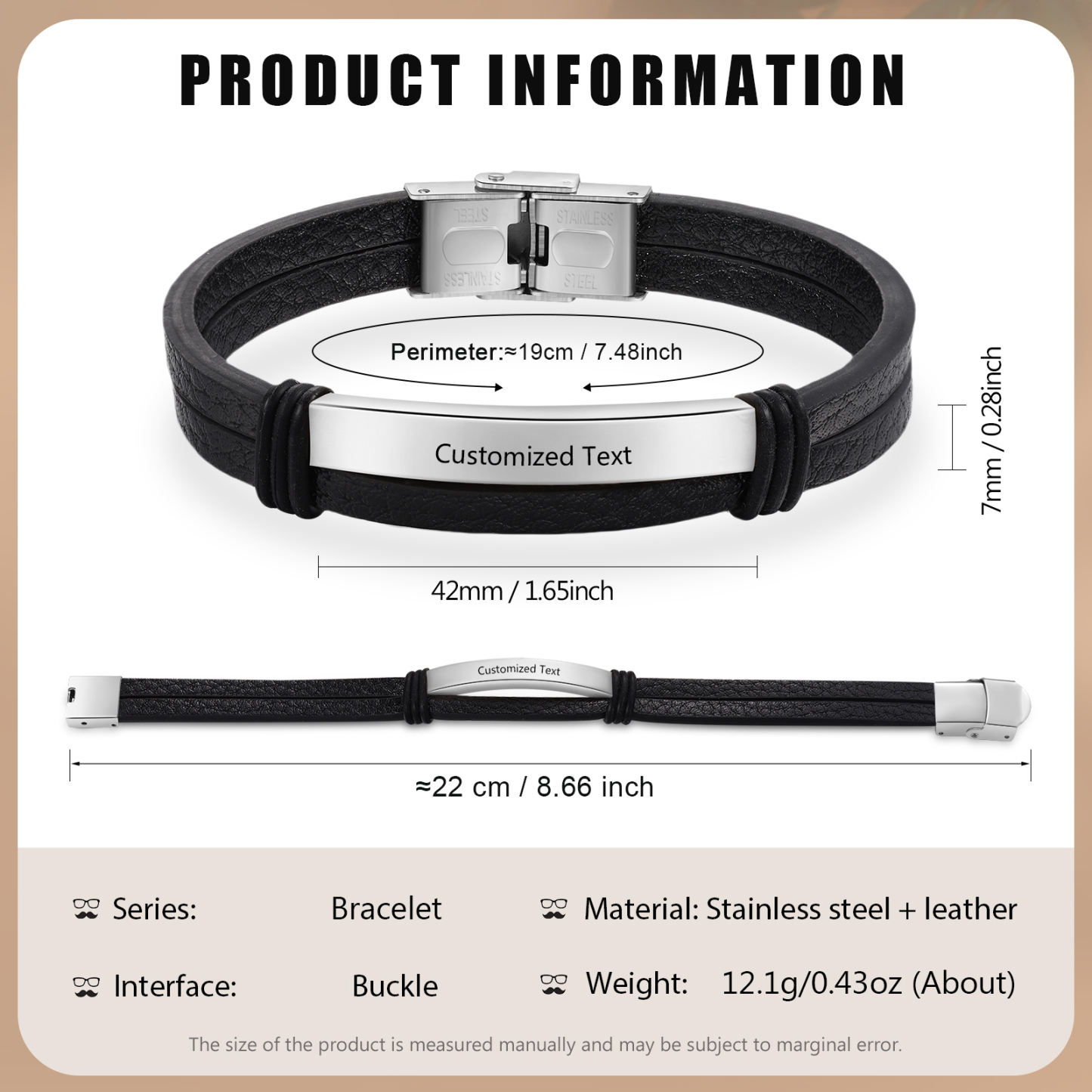Personalised Text Black Leather Bracelet Men's Bracelet Father's Day Gift for Dad
