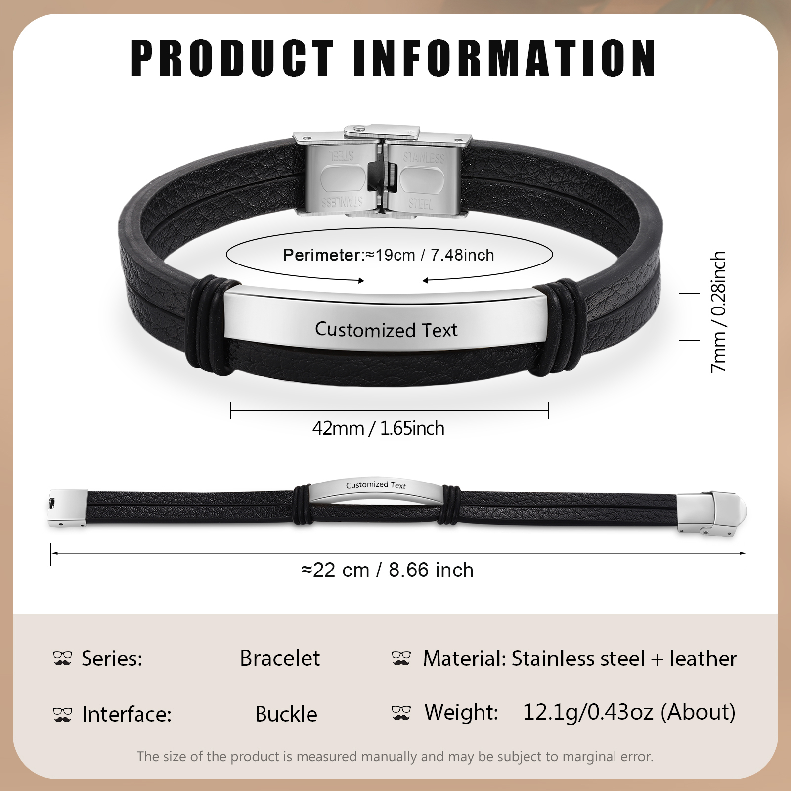 Personalised Text Black Leather Bracelet Men's Bracelet Father's Day Gift for Dad