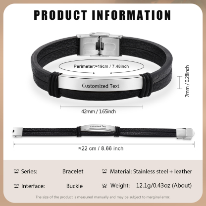 Personalised Text Black Leather Bracelet Men's Bracelet Father's Day Gift for Dad