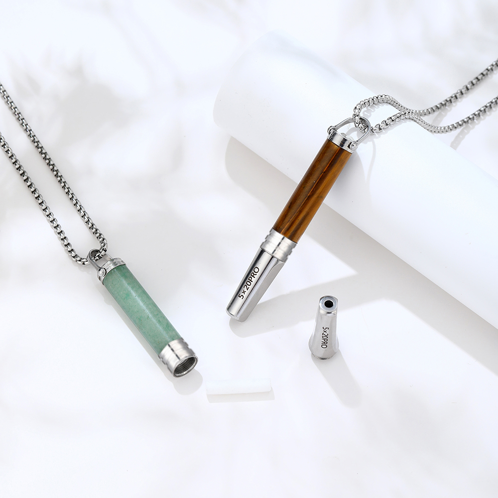Gemstone Cylinder Breathing Necklace, Steel Tip