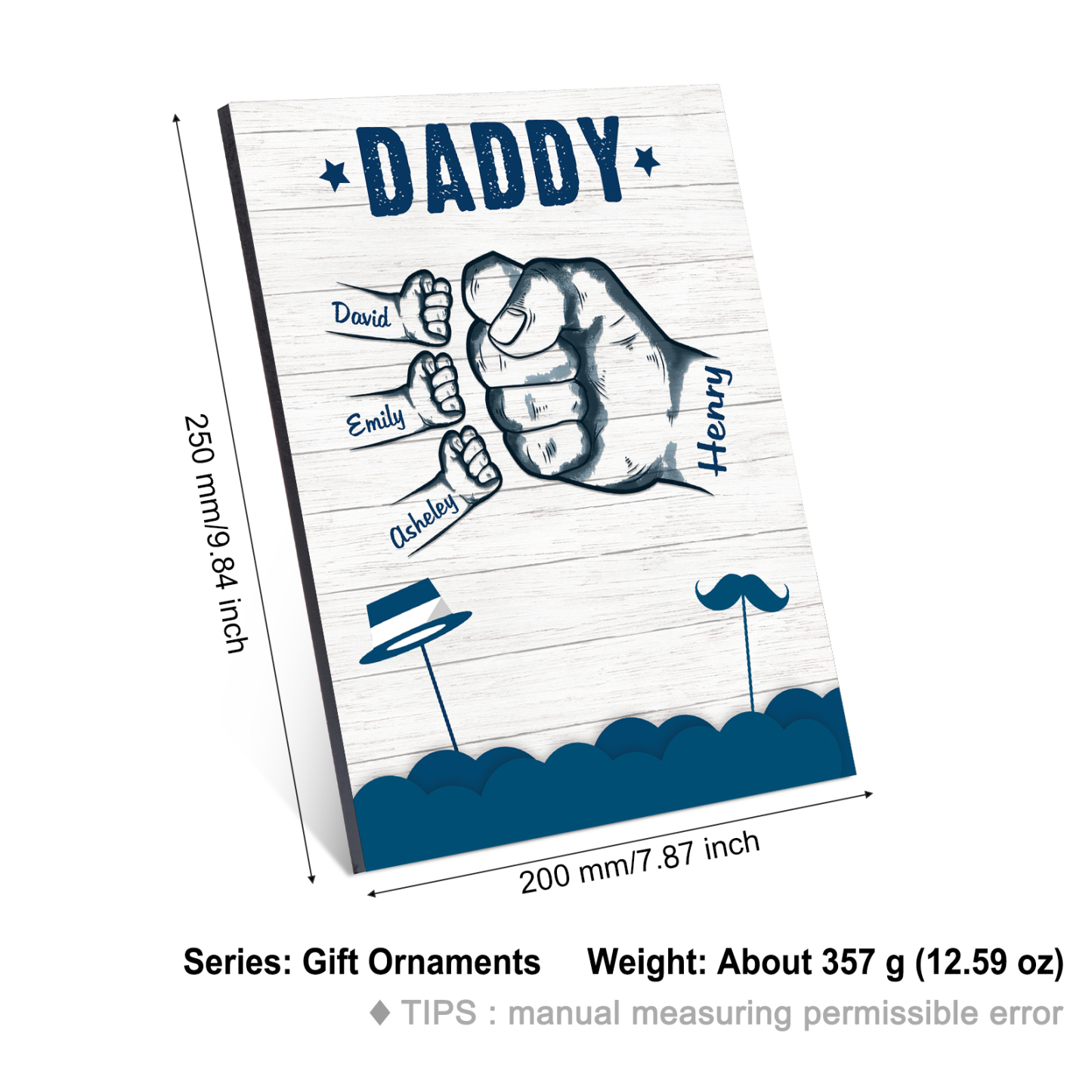 4 Names - Personalised Wooden Ornament Fist Bump Style Engraved Name and Text Ornament for Dad