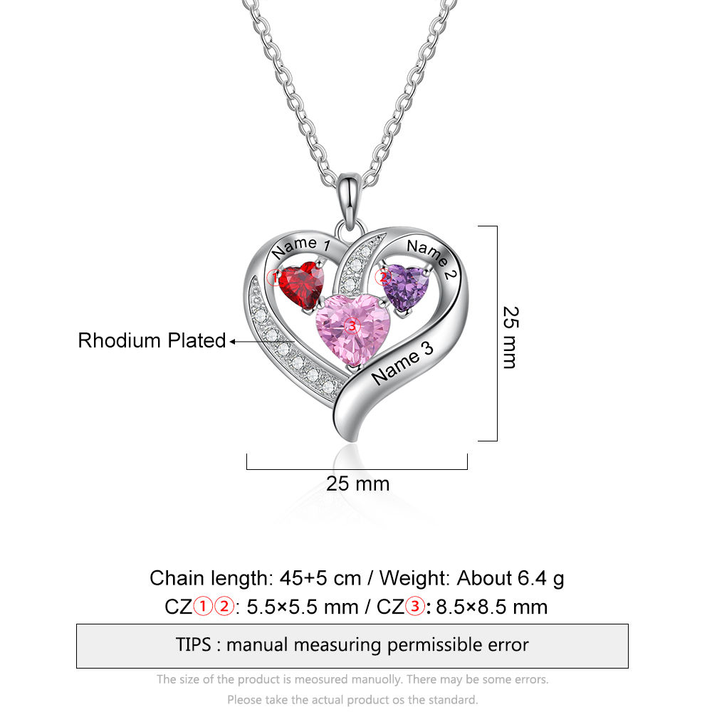 Personalised Heart Necklace With 3 Birthstones Engraved Names Gift For Her