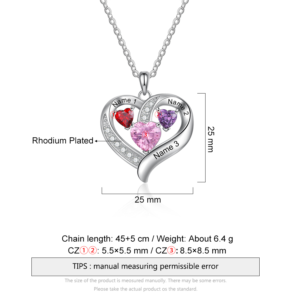 Personalised Heart Necklace With 3 Birthstones Engraved Names Gift For Her