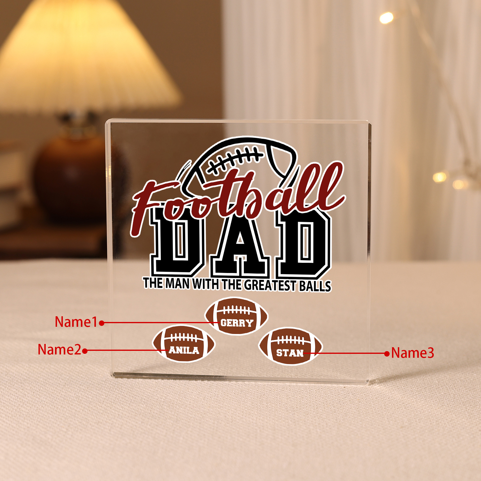 3 Names - Personalised Football Acrylic Keepsake Customized Name Acrylic Plaque Decoration Father's Day Gift for Dad
