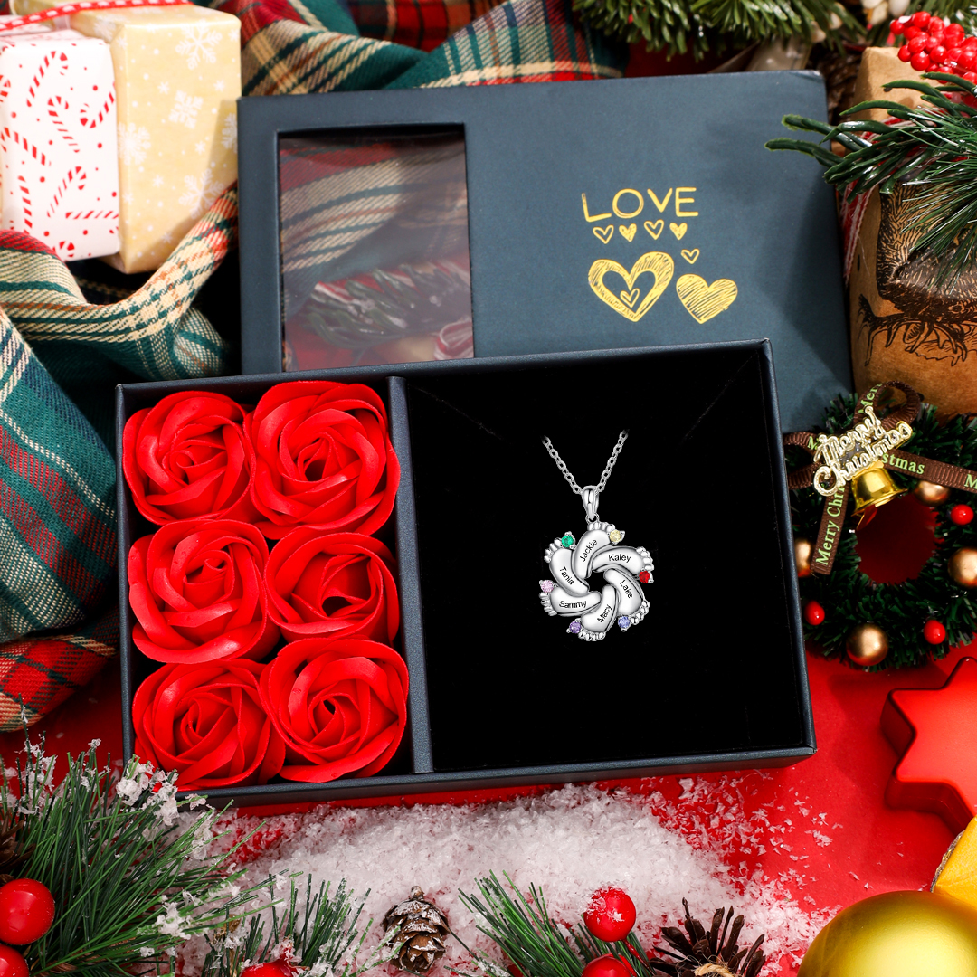 6 Names-Personalised Baby Foot Necklace Gift Set With Rose Box-Custom Women Necklace With 6 Birthstones Engraved Names Gift For Mother/Her