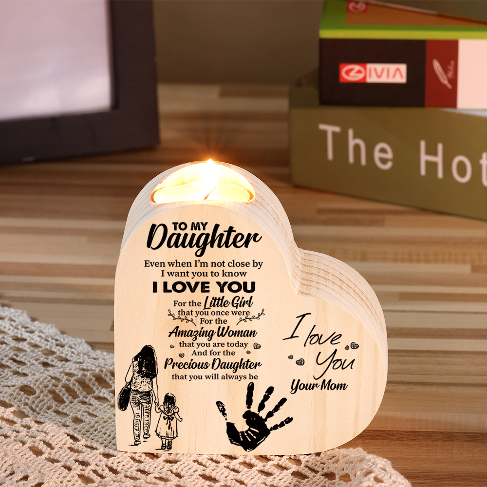 To My Daughter Wooden Heart Candle Holder "I love you"