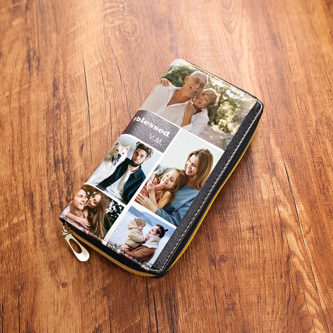 Custom Purse-Long Purse Personalised Leather Wallet Engraved 10 Photos Zip Wallet Gifts For Women Men