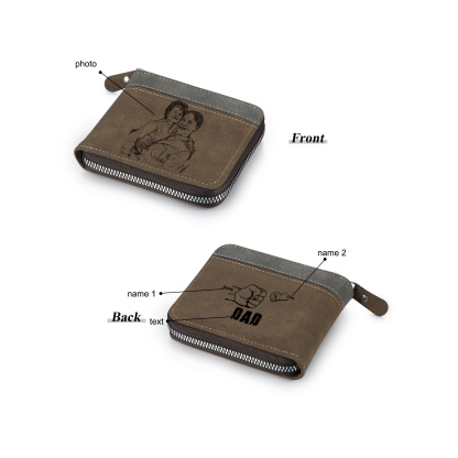 2 Names - Personalised Fist Bump Photo Custom Leather Men's Zipper Wallet as a Father's Day Gift for Dad
