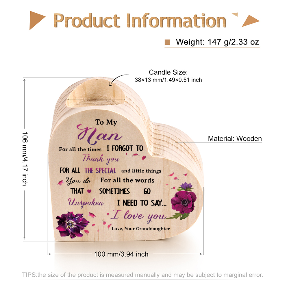 To My Nan Violet Flower Candlesticks-I Need To Say I Love You-Heart Wooden Candle Holder from Granddaughter