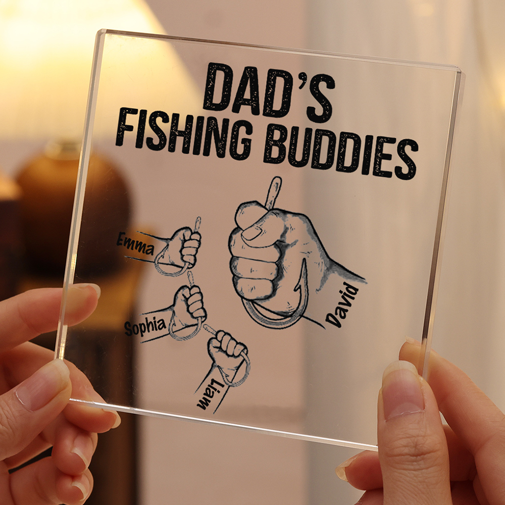 4 Names - Personalised Fishhook Fist Bump Pattern Family Acrylic Keepsake Customized Name Acrylic Home Decor Gift for Dad