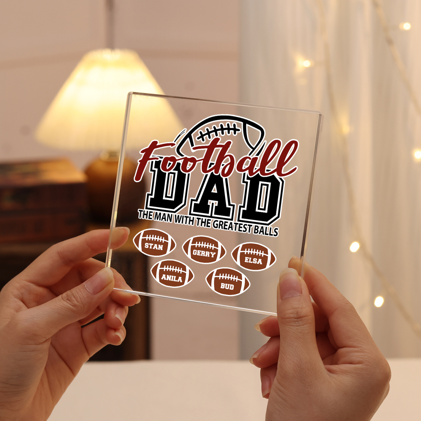 5 Names - Personalised Football Acrylic Keepsake Customized Name Acrylic Plaque Decoration Father's Day Gift for Dad