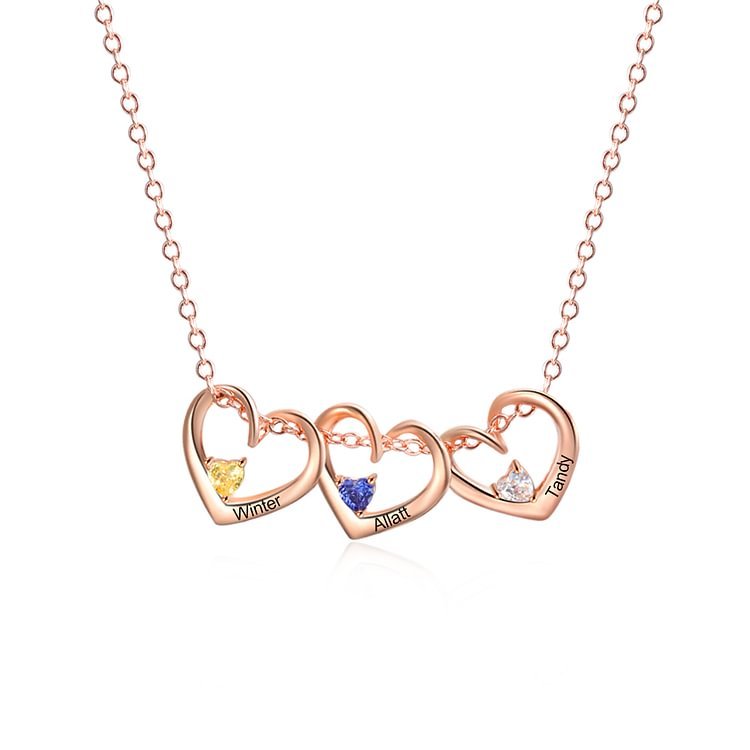 3 Names- Personalised Birthstone Necklace Set with Rose Gift Box - Customized Love Pendant Necklace Engraved Name Gift for Her