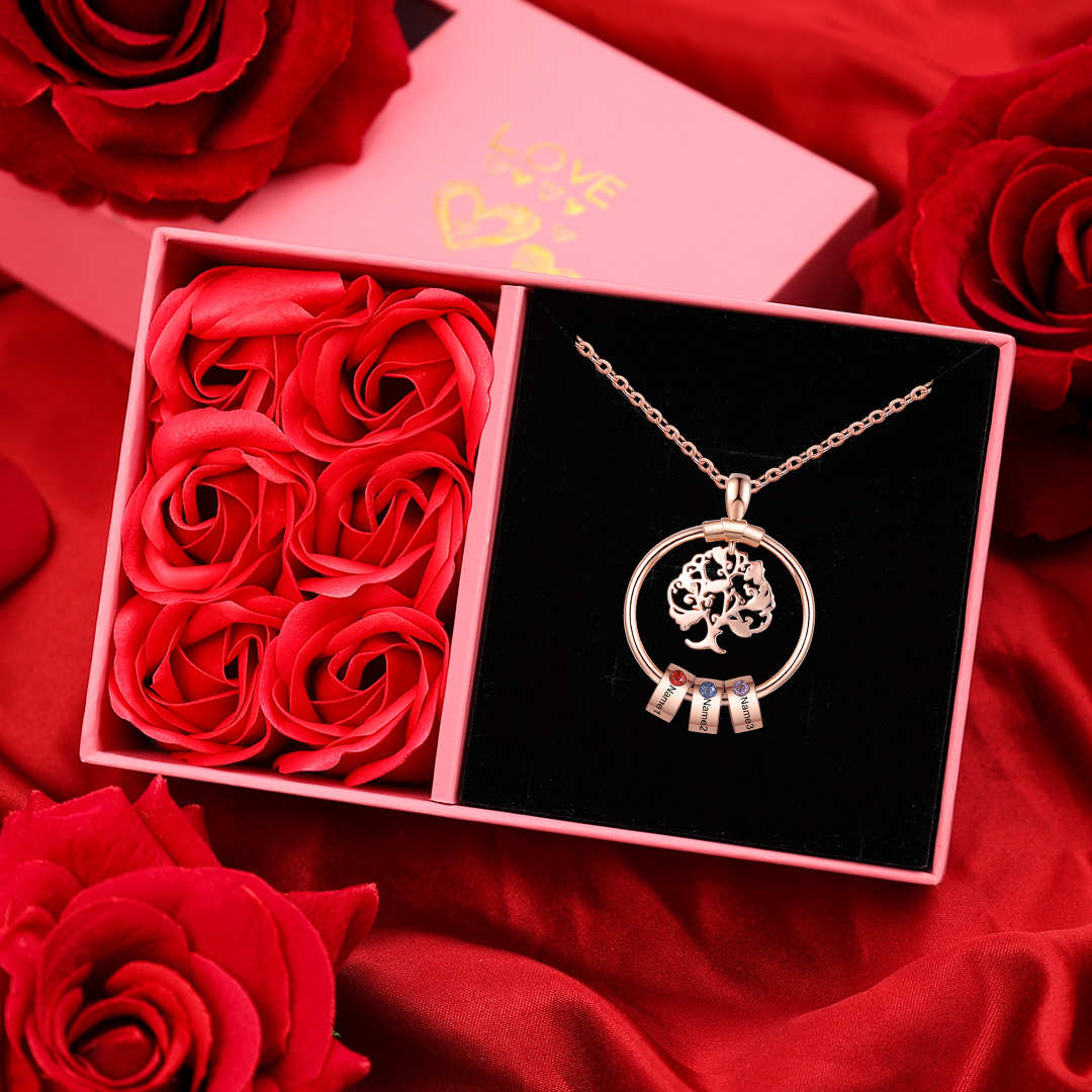 3 Names-Personalised Family Tree Necklace With 3 Birthstones Engraved Names Gift For Her