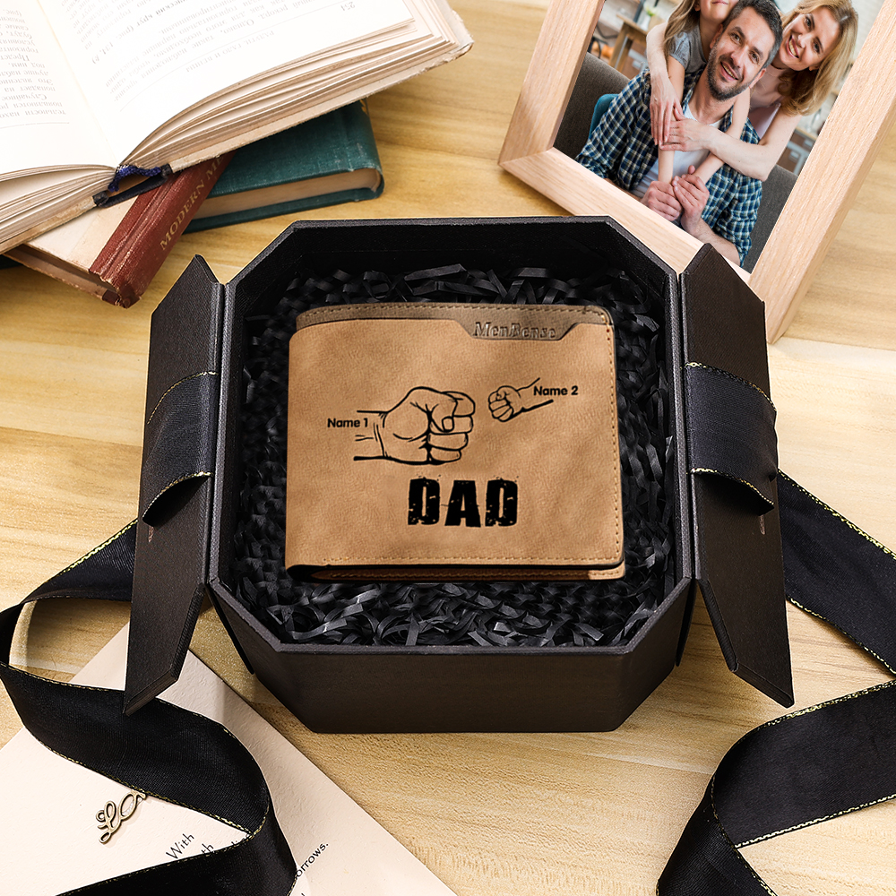 2 Names - Personalized Leather Men's Wallet Custom Photo Fist Fold Wallet With Gift Box for Dad