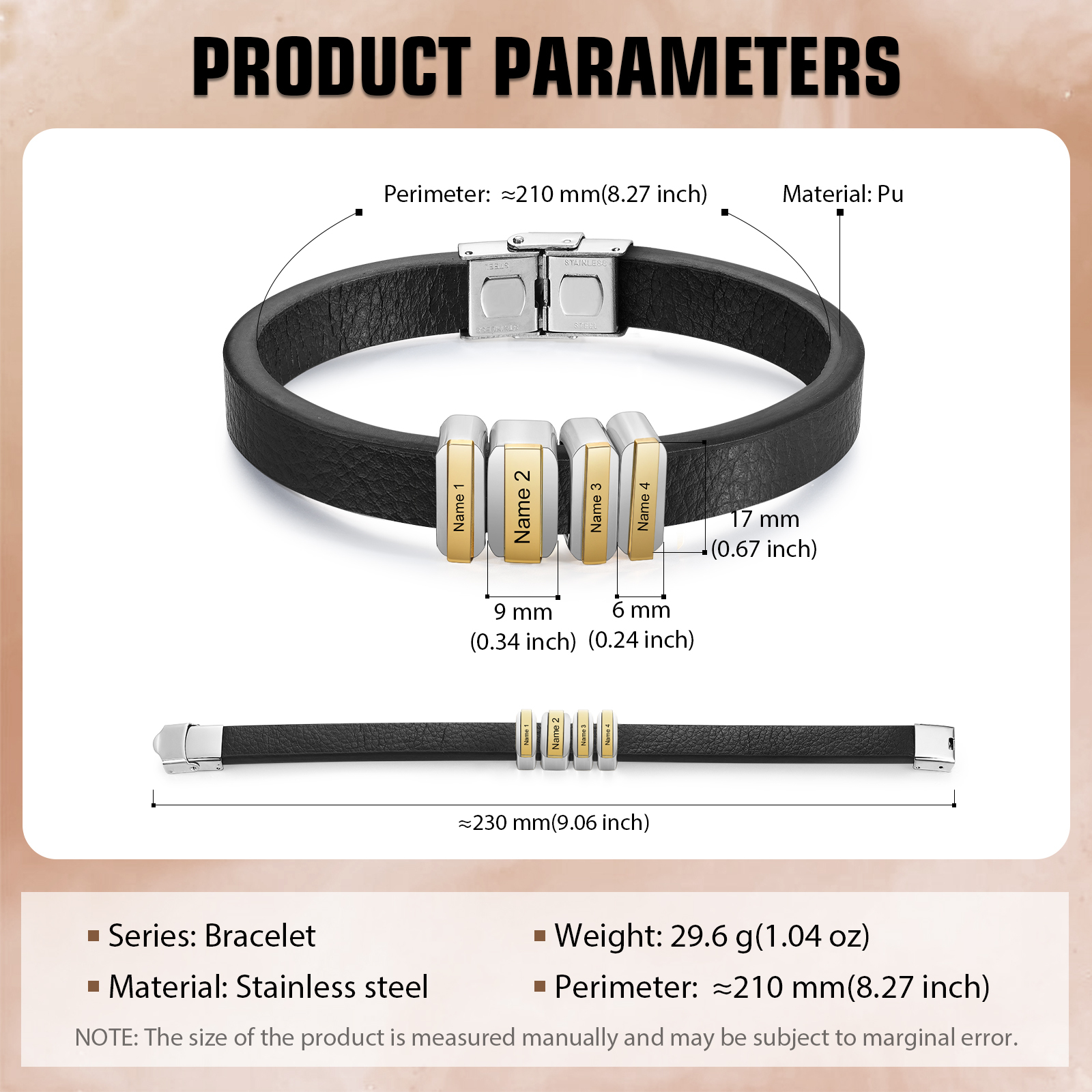 4 Names Personalised Stainless Steel Leather Bracelet Engraved Name Men's Bracelet Gift for Dad