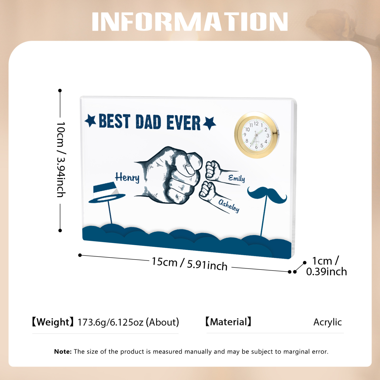3 Names - Personalised Fist Bump Custom Name Acrylic Clock Ornament Father's Day Gift for Dad