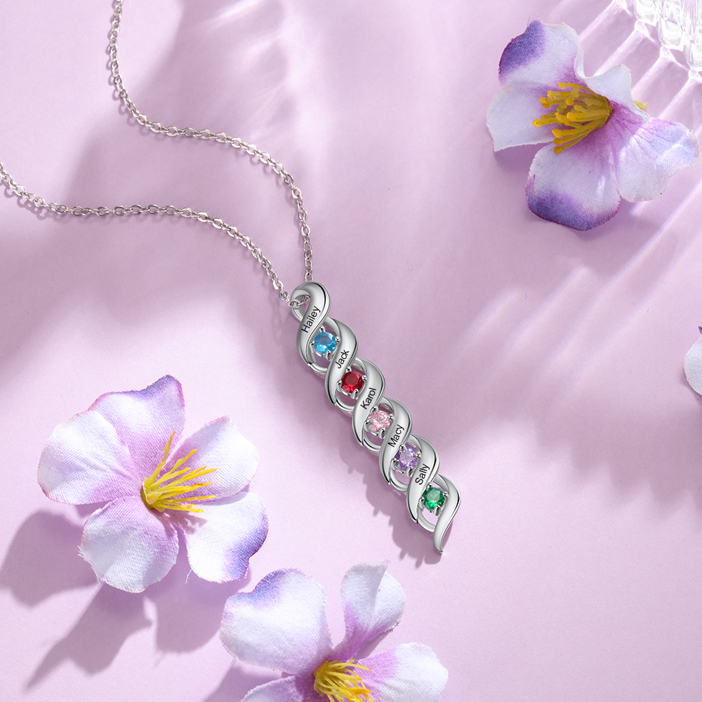 5 Names-Personalised Necklace Cascading Pendant with 5 Birthstones Engraving 5 Names Gifts for Her