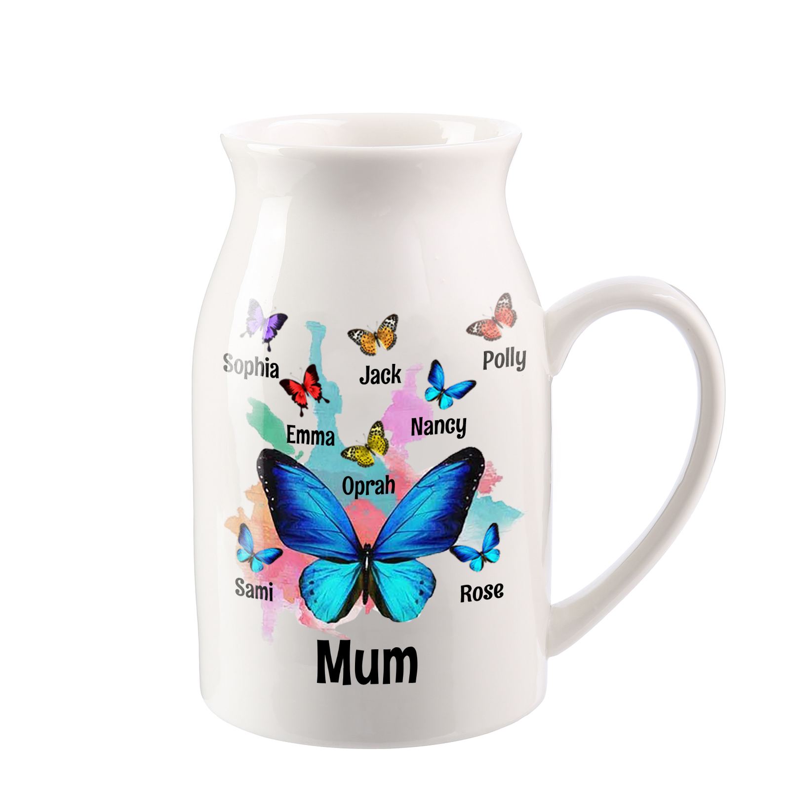 8 Names - Personalised Beautiful Colorful Butterfly Style Ceramic Vase with Customizable Names As a Wonderful Gift For Mum