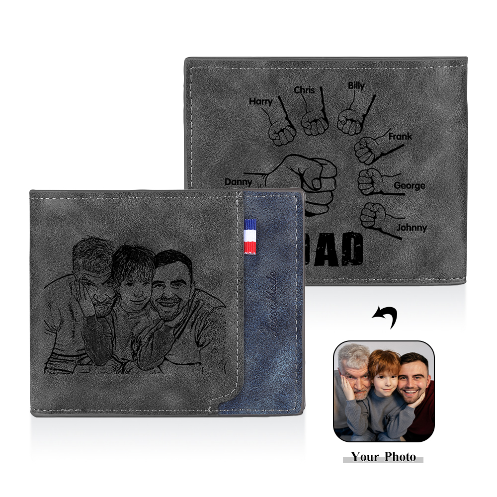 7 Names - Personalised Fist Bump Photo Custom Leather Men's  Wallet as a Father's Day Gift for Dad