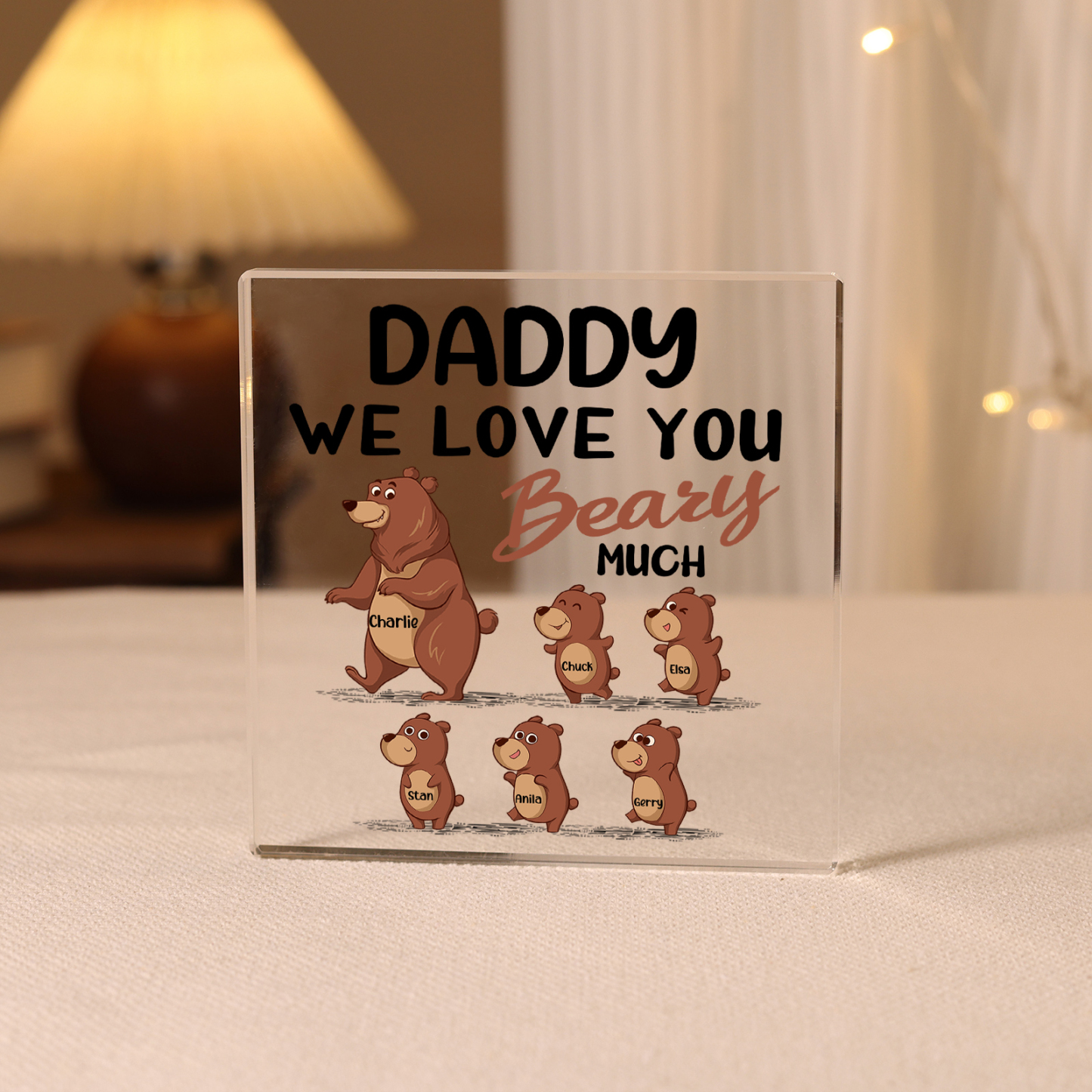 6 Names-Personalised Bear Family Acrylic Keepsake-Custom Text and Names-Acrylic Plaque Home Decoration Gift for Daddy/Grandad